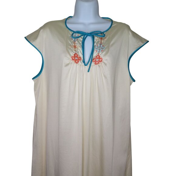 Vintage 70s Peignoir Set Full Length Nylon Nightgown Robe L Embroidery Blue Trim - Picture 2 of 16